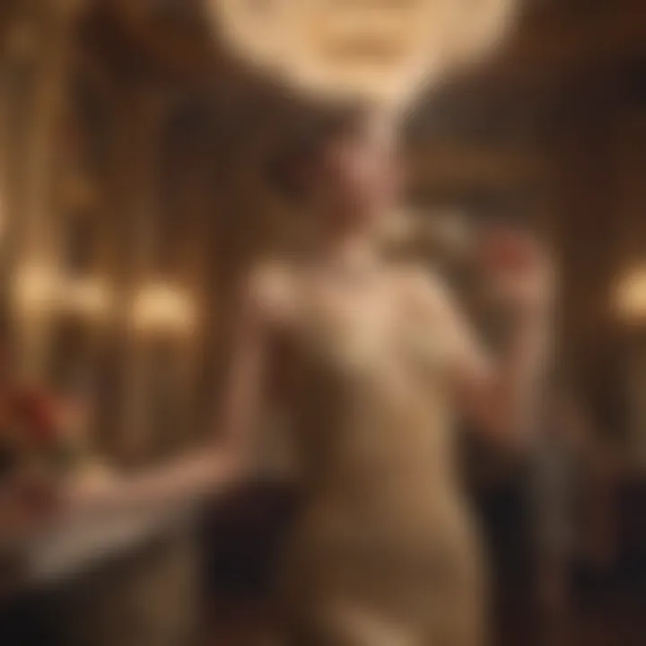 Elegant woman in shimmering flapper dress dancing under glittering chandeliers