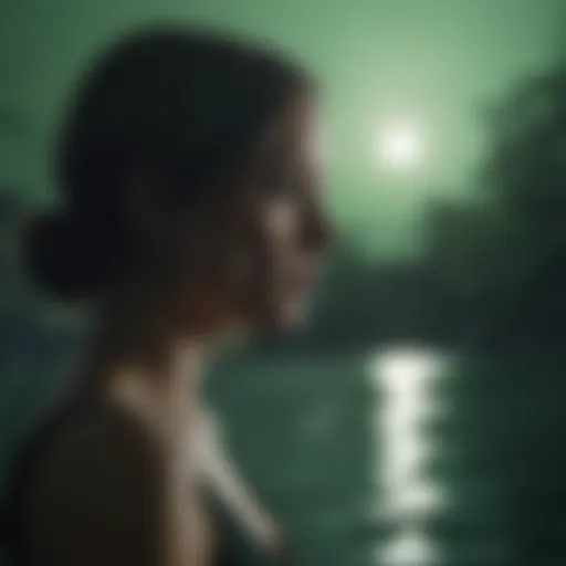 Mysterious silhouette gazing at green light across the water