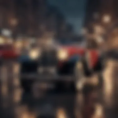 Retro Elegance in Urban Motion Vintage car speeding through the night under city lights
