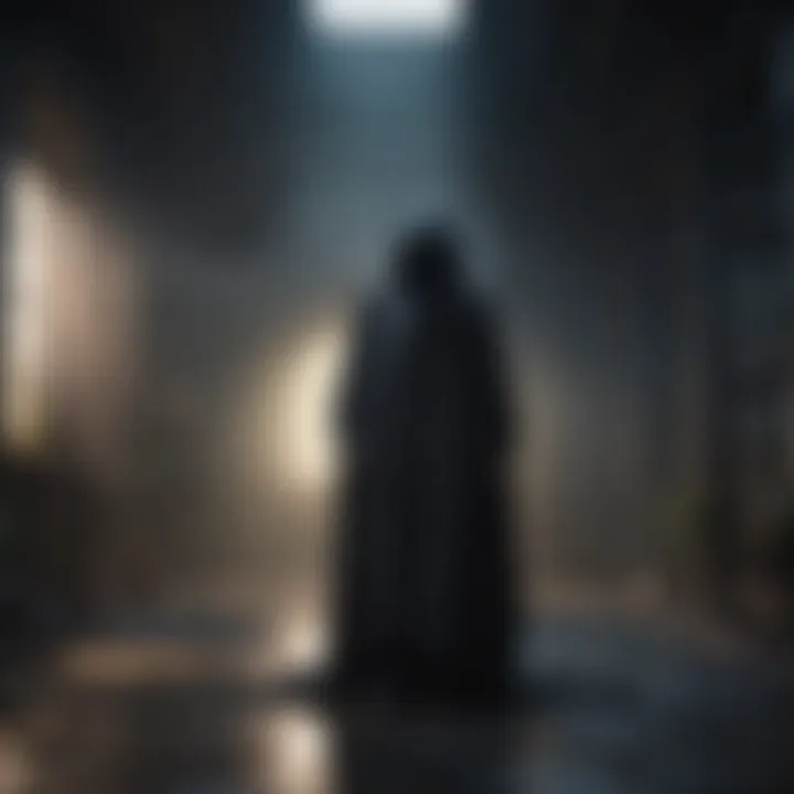 Mysterious cloaked figure in shadowy environment