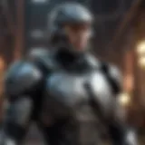 Warrior with futuristic armor in cinematic setting