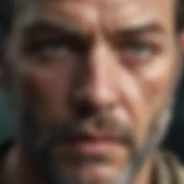 Intense close-up of a conflicted character's expression