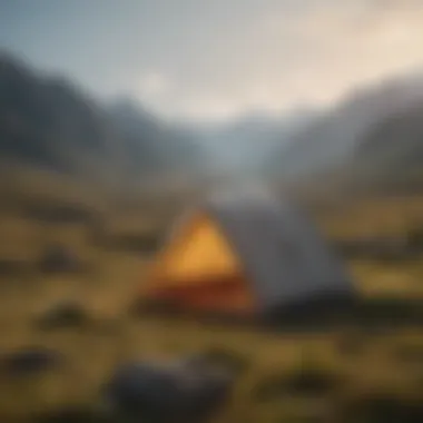 A close-up of a solitary tent amidst vast landscapes, representing isolation and self-discovery.