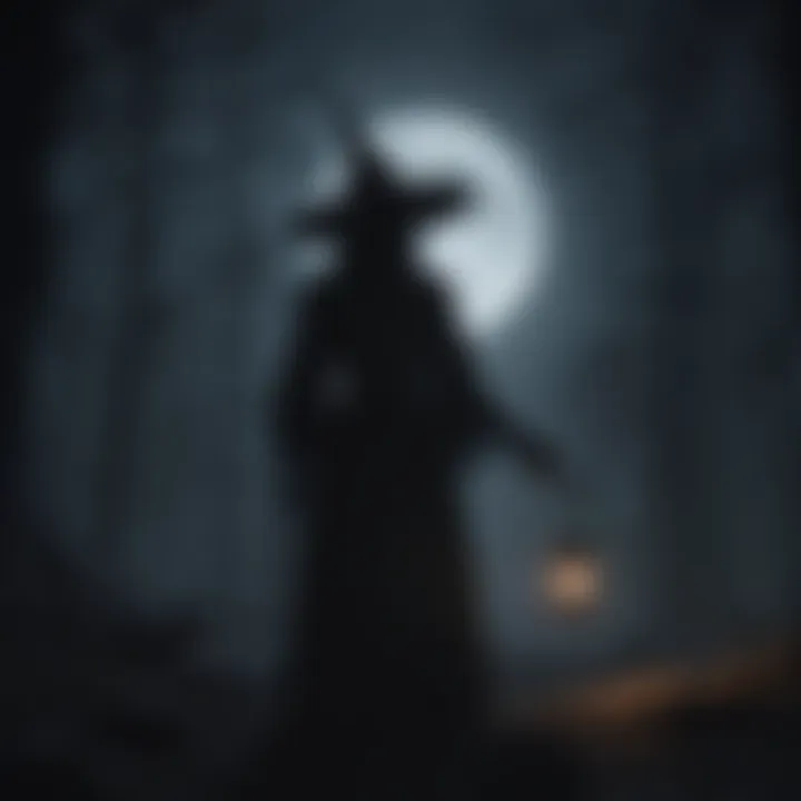 Dark silhouette of a witch against a full moon