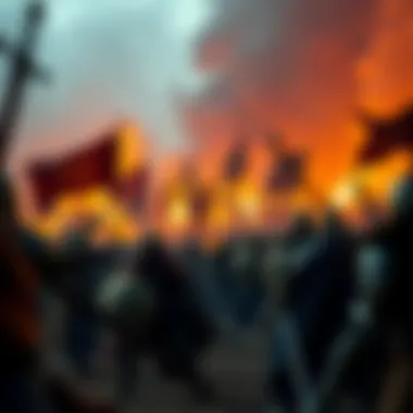 Epic Battles Defining Kingdoms' Fates A dramatic battle scene representing the conflicts among kingdoms