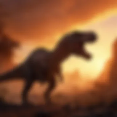 Fiery Silhouette: The Roar of the Ancients Majestic dinosaur silhouette against a fiery sunset