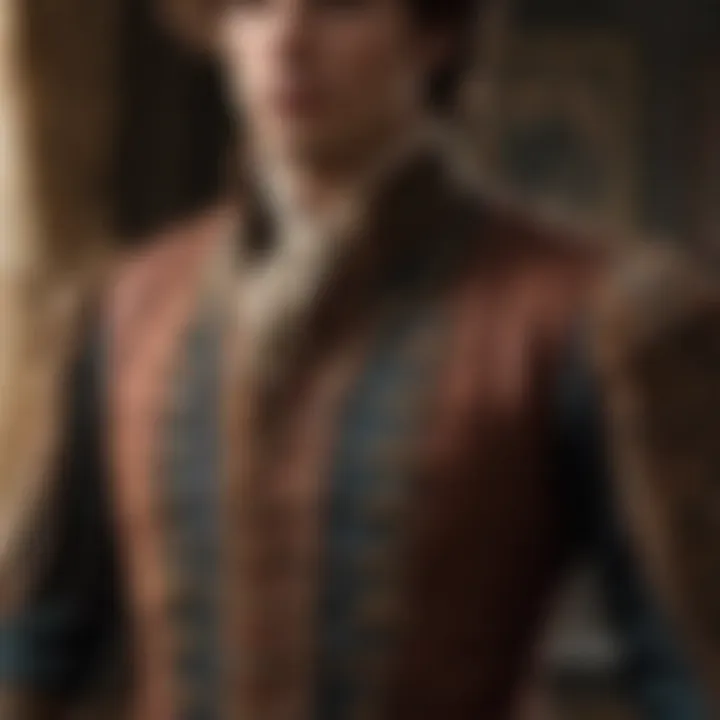 A close-up of the intricate costumes worn by characters in Outlander, showcasing the series' attention to historical detail