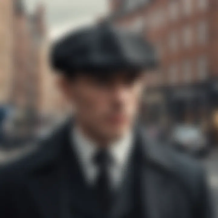 A styled shot of the Peaky Blinders hat against a backdrop of vintage British street, highlighting its historical significance.