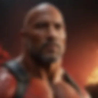 Powerful Character Portrayal by The Rock Powerful character portrayal by The Rock in red-themed setting