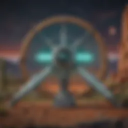A surreal depiction of a portal gun amidst cosmic landscapes