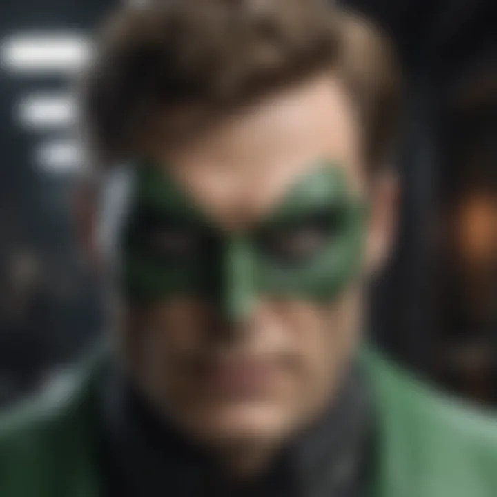 Close-up of the menacing Riddler leaving cryptic clues