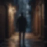 Artistic rendering of a shadowed figure in a dimly lit alley