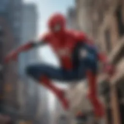 A dynamic action scene featuring Spider-Man swinging through the city