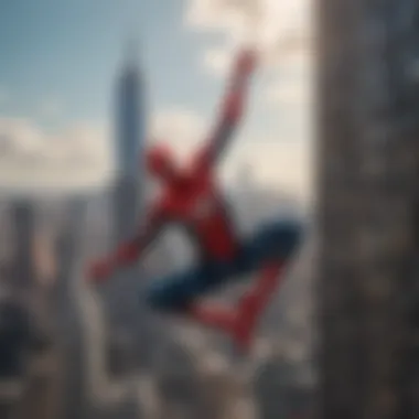 Spider-Man swinging through New York City skyline