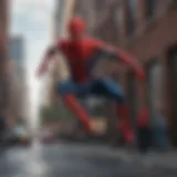 Tom Holland as Spider-Man swinging through the city