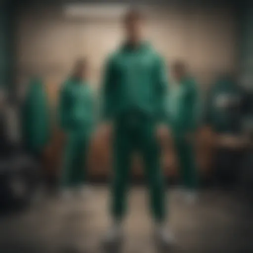 The striking visual of the iconic green tracksuits worn by players, symbolizing conformity and desperation.