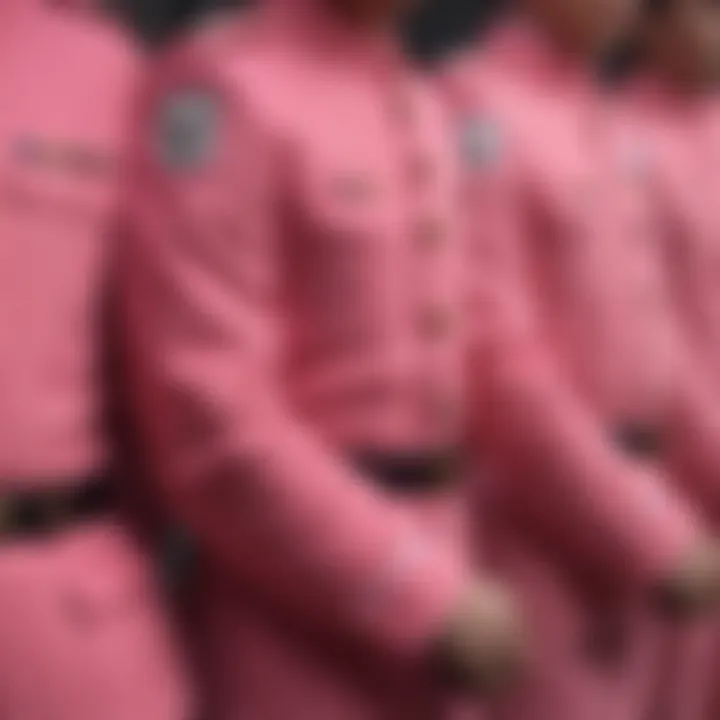 A close-up shot of the guards' distinctive pink attire, showcasing the contrast between authority and anonymity.