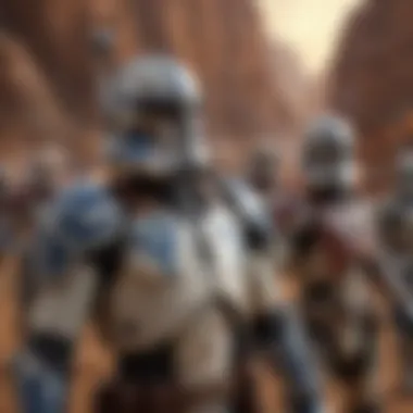 Iconic characters from The Clone Wars series in an epic battle scene