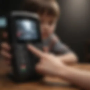 Close-up of a child's hand reaching towards a mysterious phone, symbolizing childhood innocence and fear.