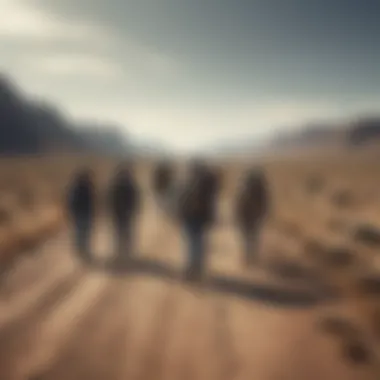 A group of walkers gathered in a desolate landscape, symbolizing societal fears.