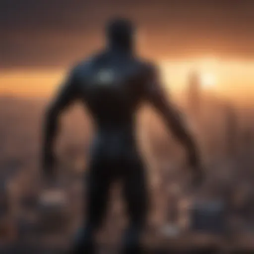 Glowing superhero silhouette against cityscape backdrop