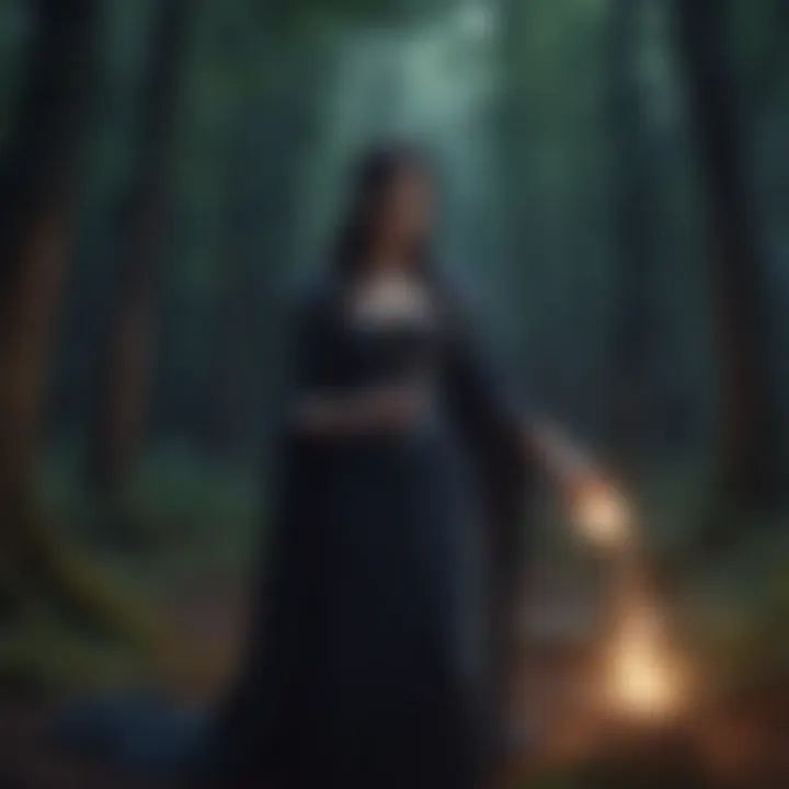 Enigmatic sorceress casting a spell in moonlit forest