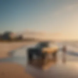 A vibrant beach scene with characters from Outer Banks